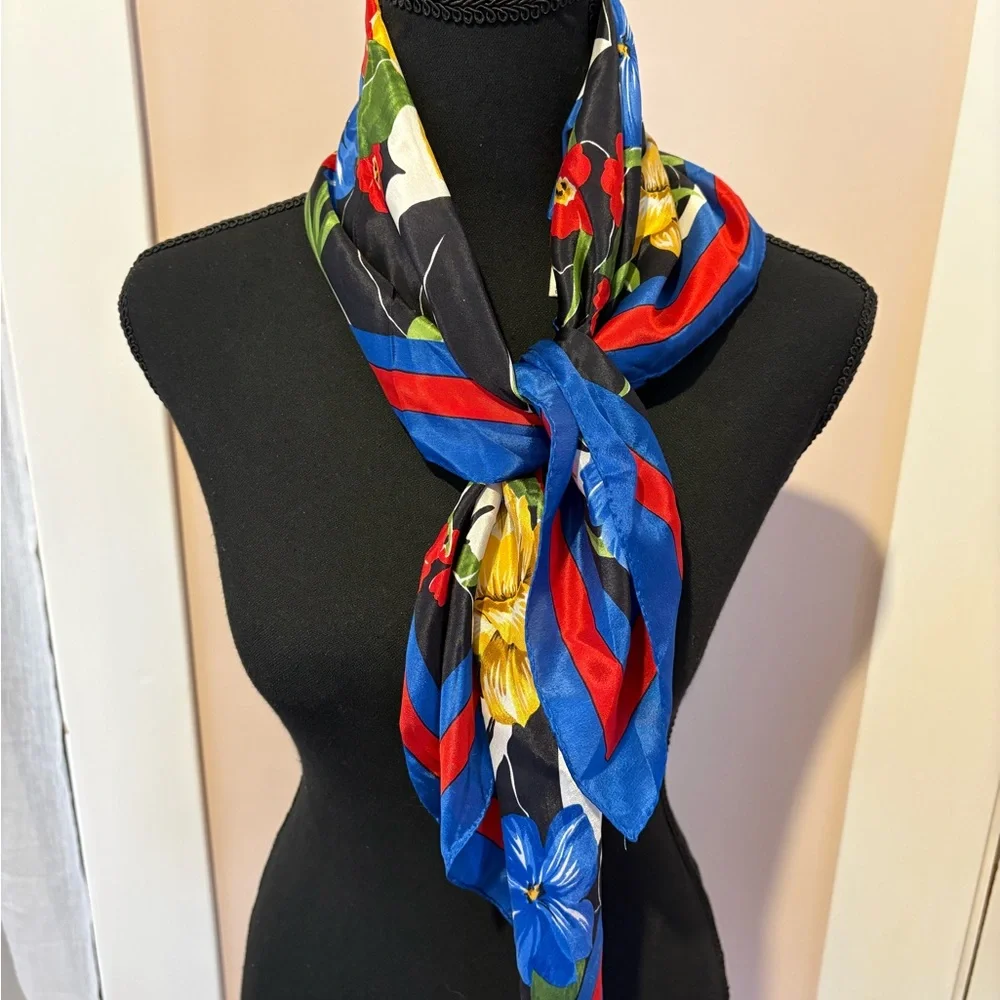 Vera Neumann Floral Silk Scarf in Blue, Red, Black.  One size